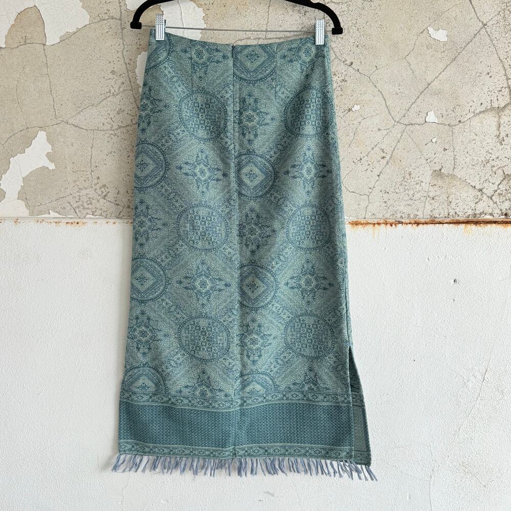 Vintage Tapestry Skirt Aqua Teal Midi Woven‎ Fringe Hem 90s Cottagecore Size 6 - Picture 5 of 7
